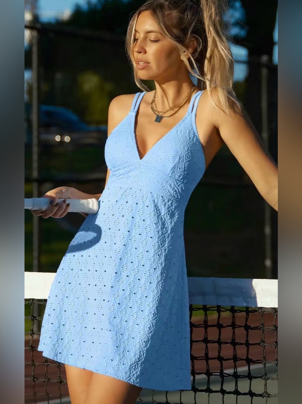 Sky Blue Eyelet Mini Dress with V-Neck Straps